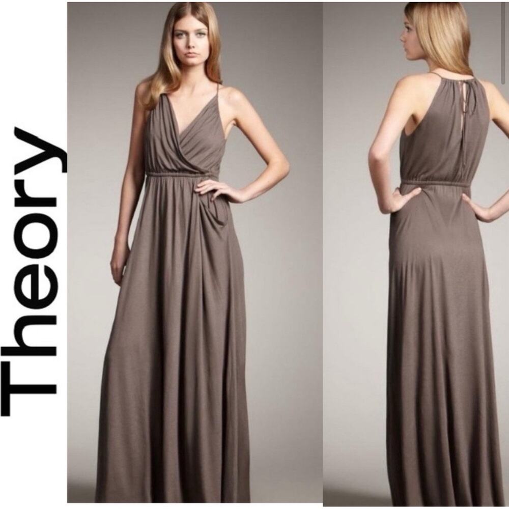 Theory Athler Maxi Dress Sundress Tie‎ Back Faux Wrap Pockets Jersey Viscose
